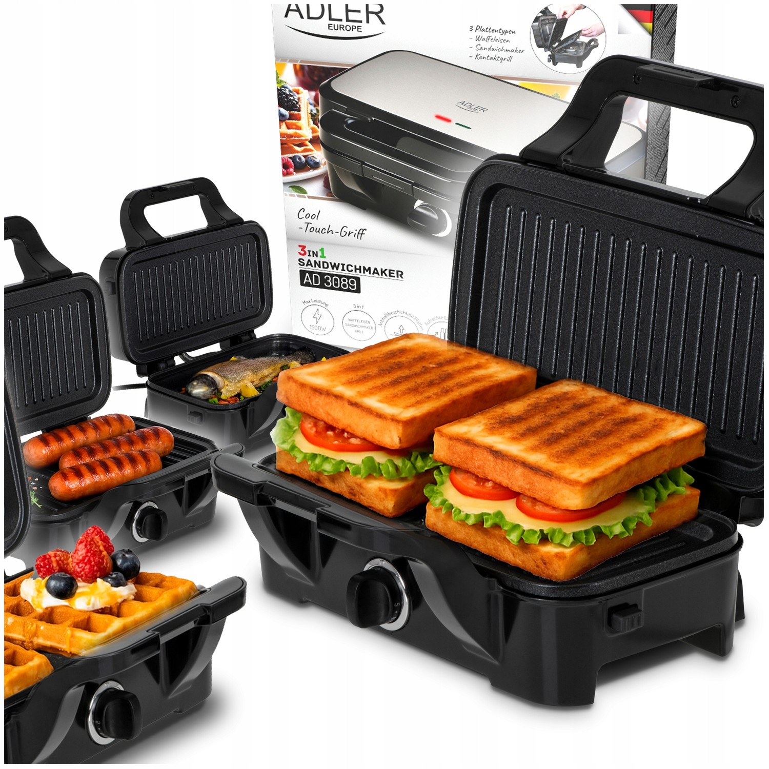 Opiekacz 3 w 1 z regulacją temperatury - grill, toster, gofrownica AD 3089